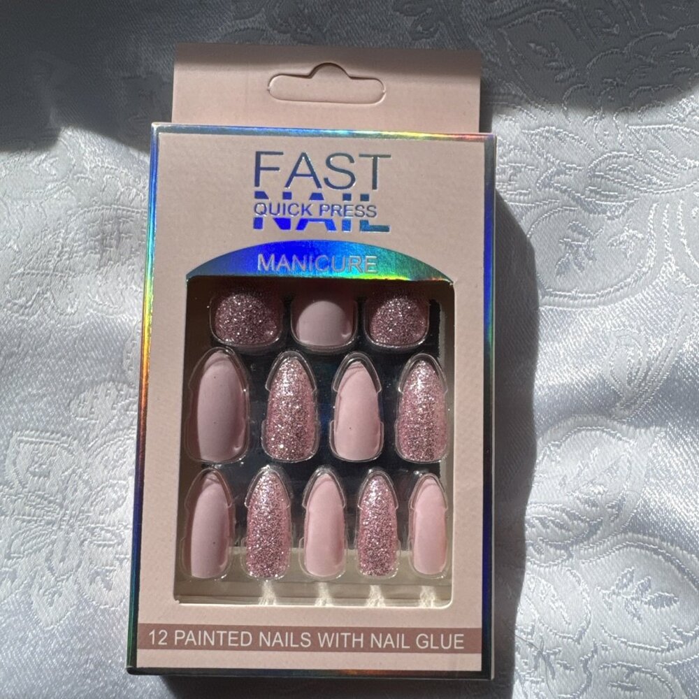 Fast Nail Pink One Minute Press‑On Nail Tips w Glue Fast & Easy NEW